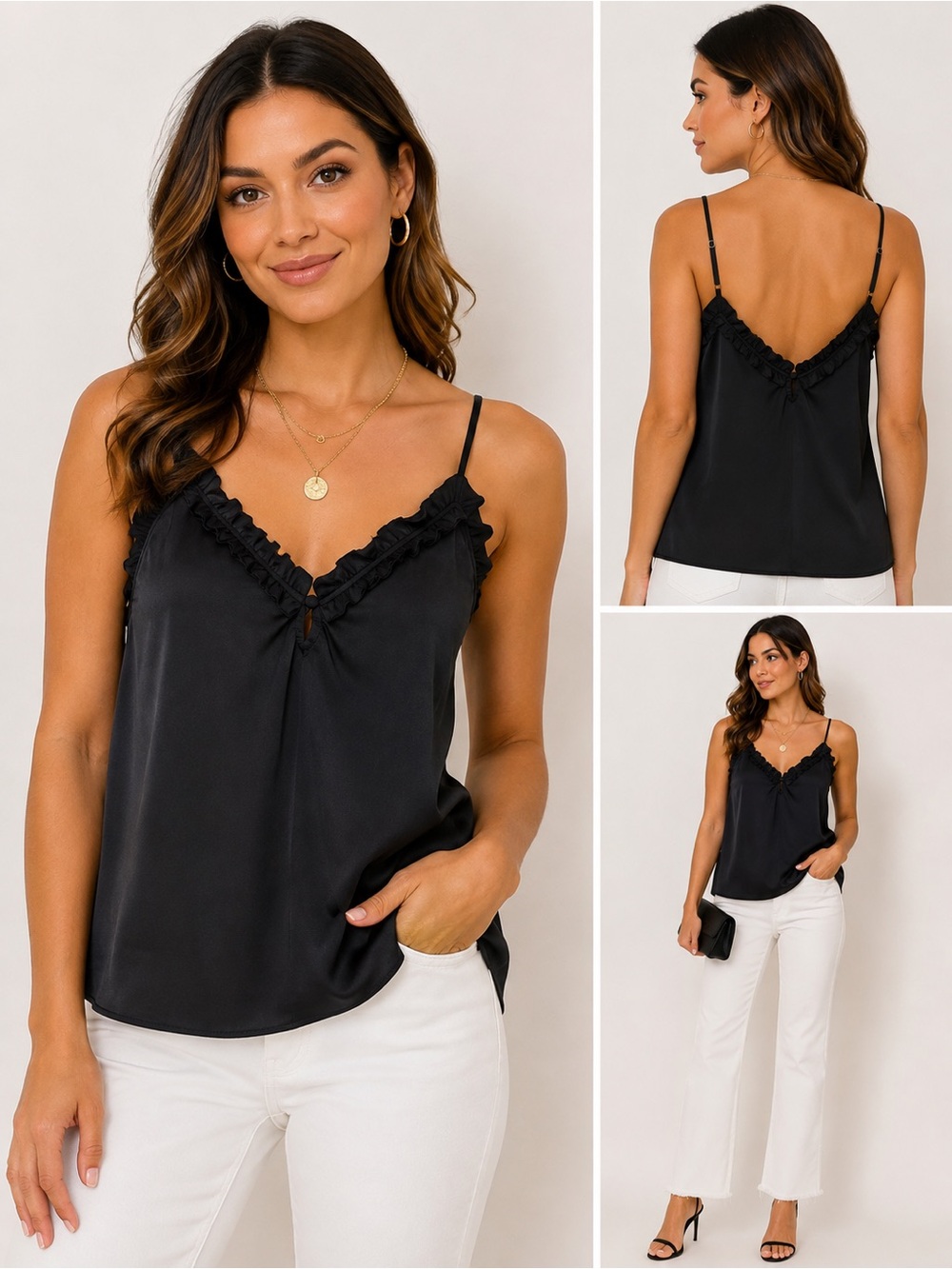 Parker Black Ruffle Trim Camisole Tank Top Adjustable Straps SZ L NWT Nordstrom